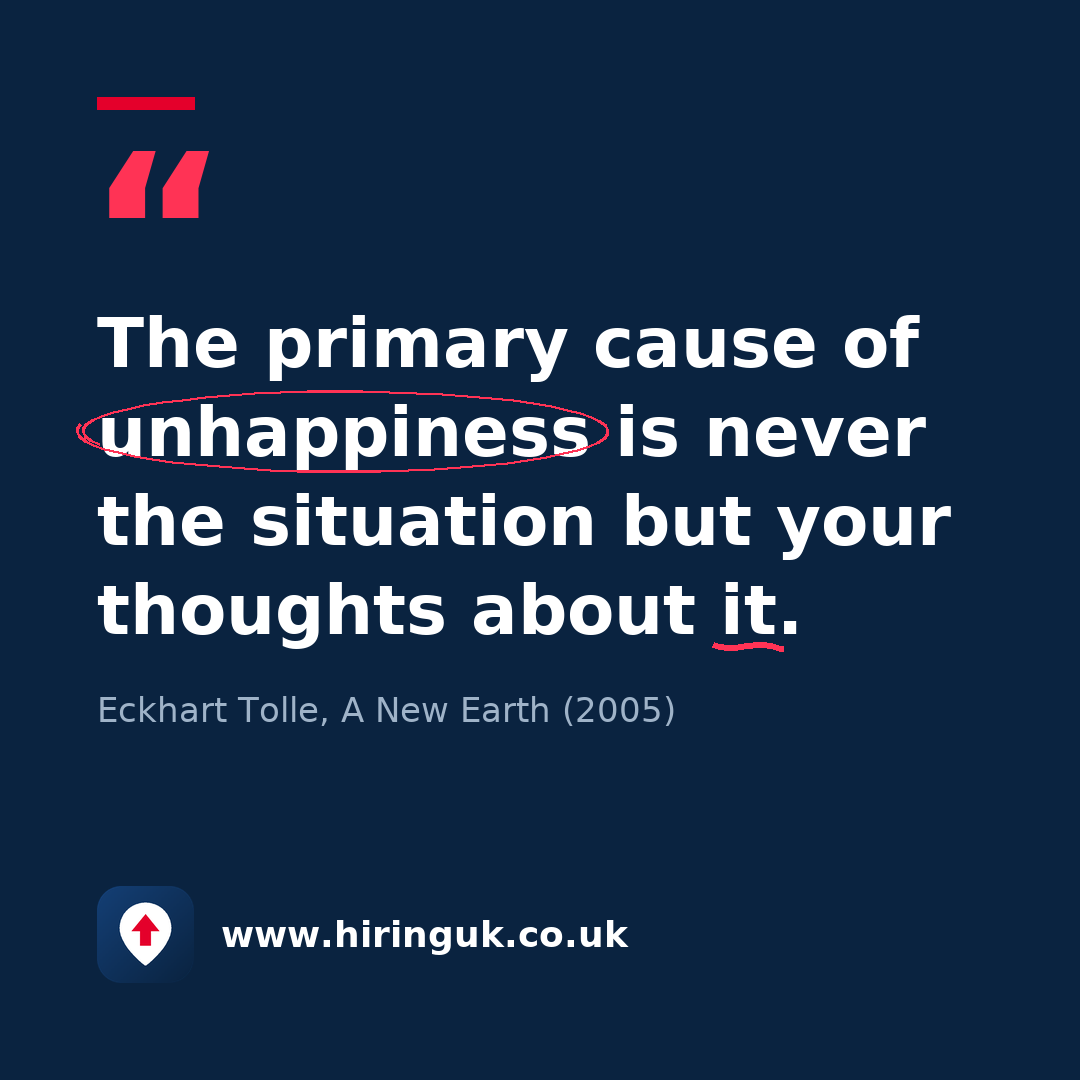 Quote card: The primary cause of unhappiness is never the situation but your thoughts about it.