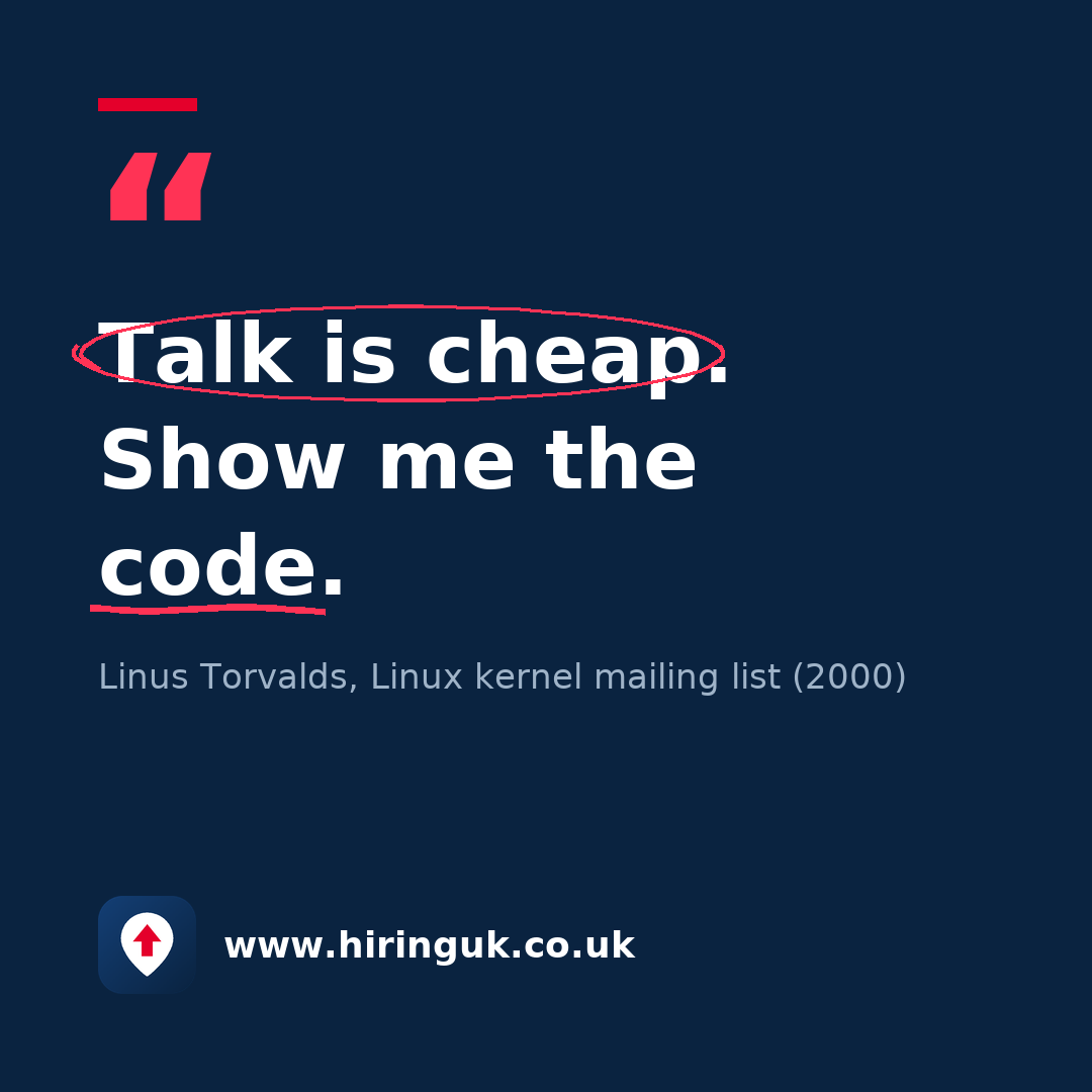 Quote card: Talk is cheap. Show me the code.