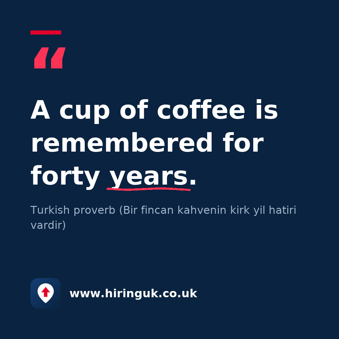 Quote card: A cup of coffee is remembered for forty years.