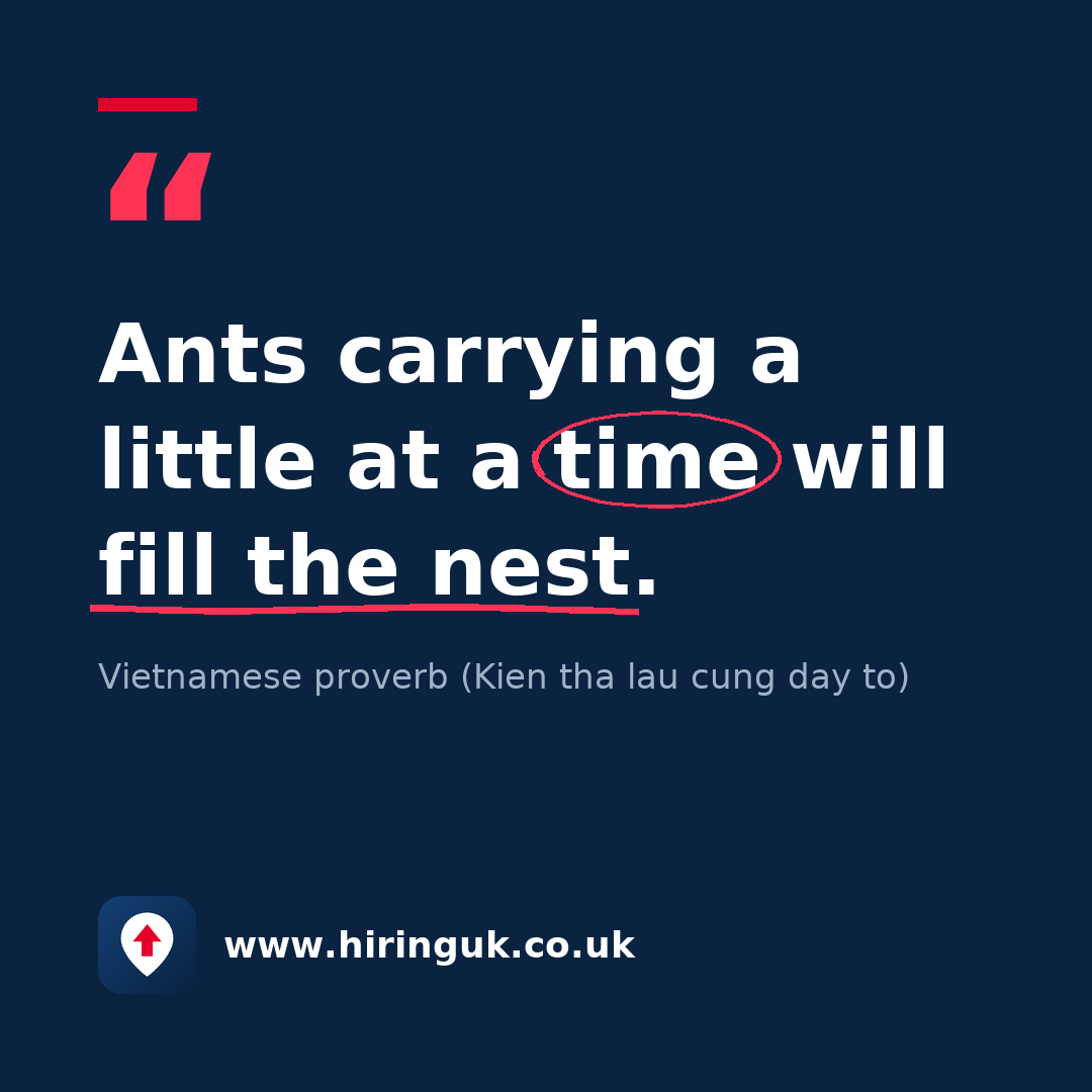 Quote card: Ants carrying a little at a time will fill the nest.