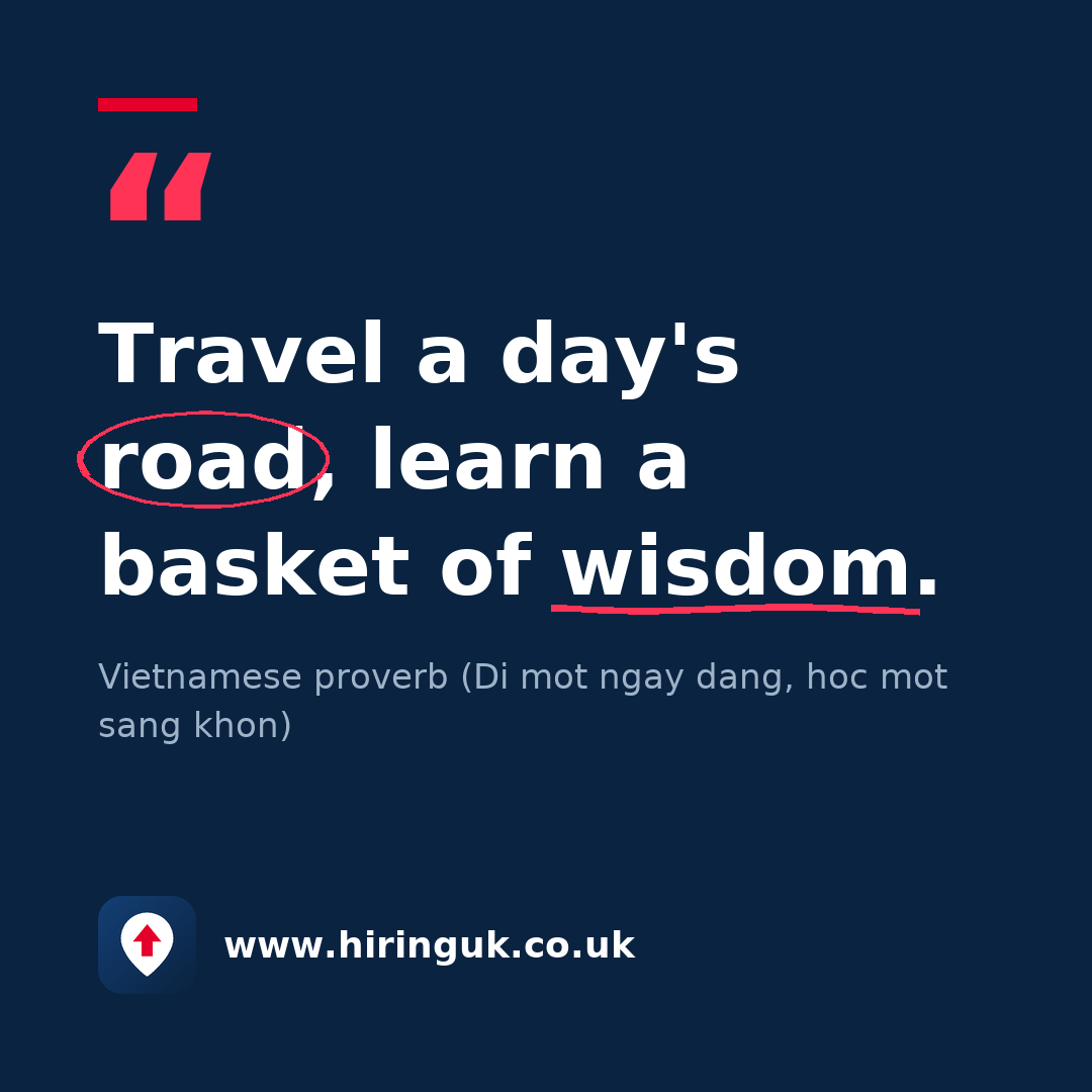 Quote card: Travel a day's road, learn a basket of wisdom.