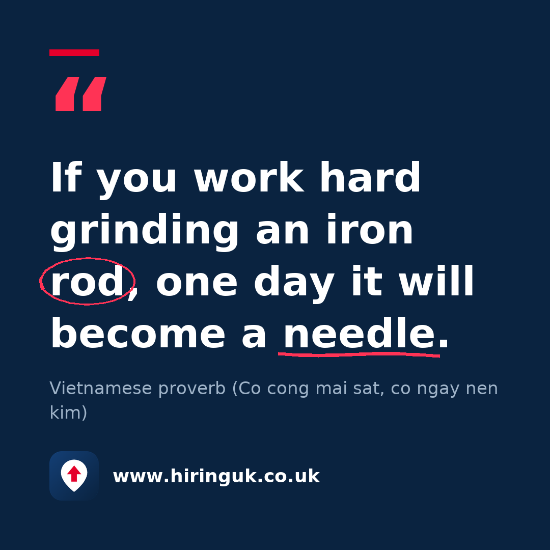 Quote card: If you work hard grinding an iron rod, one day it will become a needle.