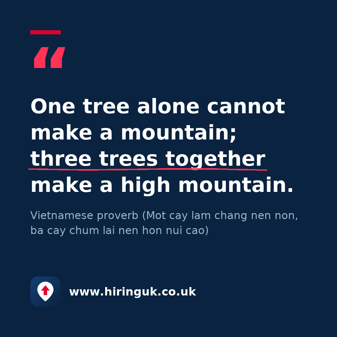 Quote card: One tree alone cannot make a mountain; three trees together make a high mountain.