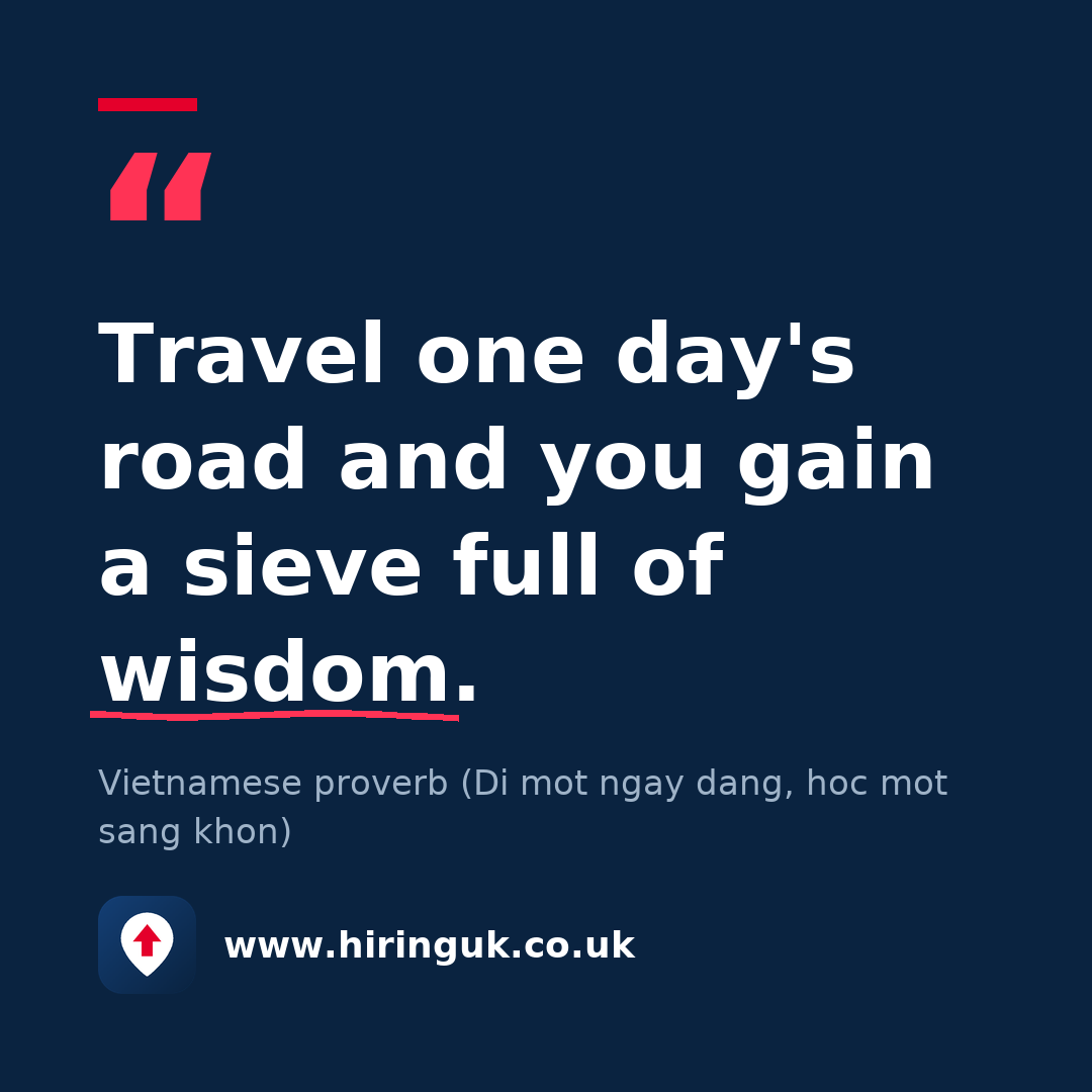 Quote card: Travel one day's road and you gain a sieve full of wisdom.