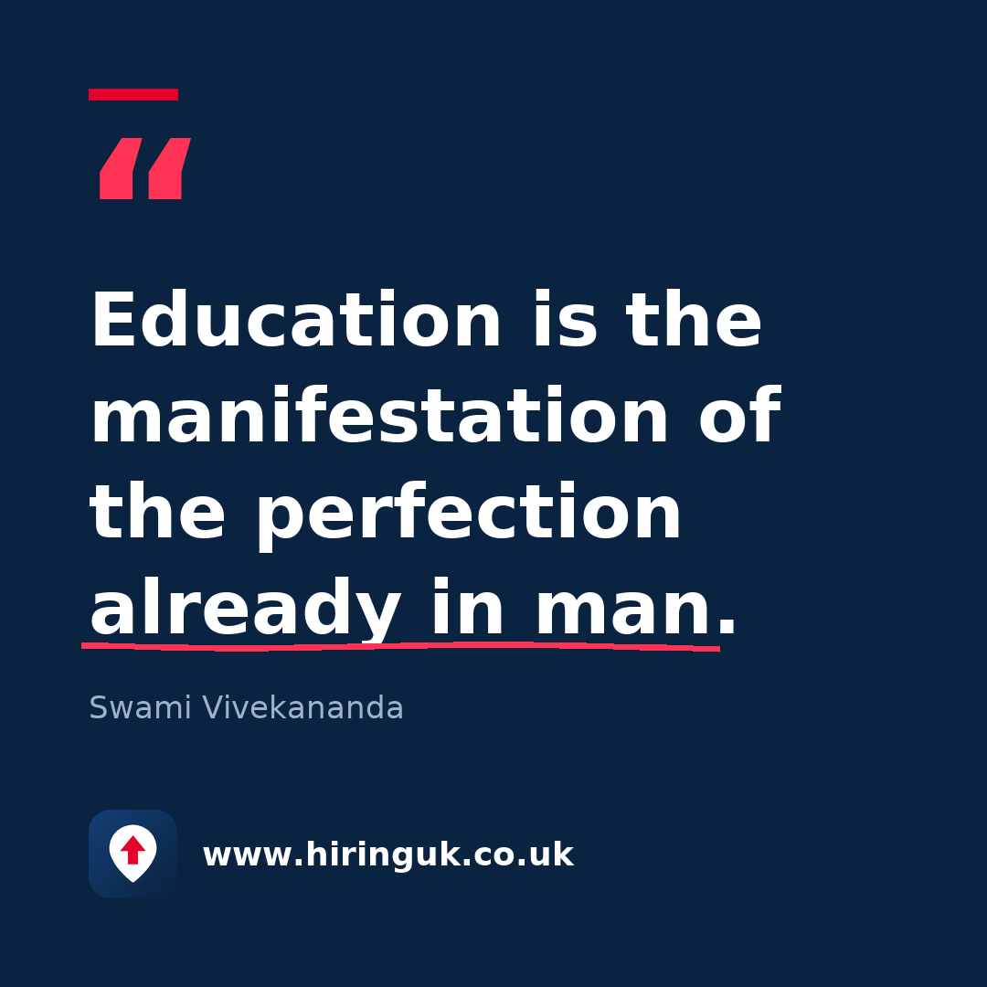 Quote card: Education is the manifestation of the perfection already in man.