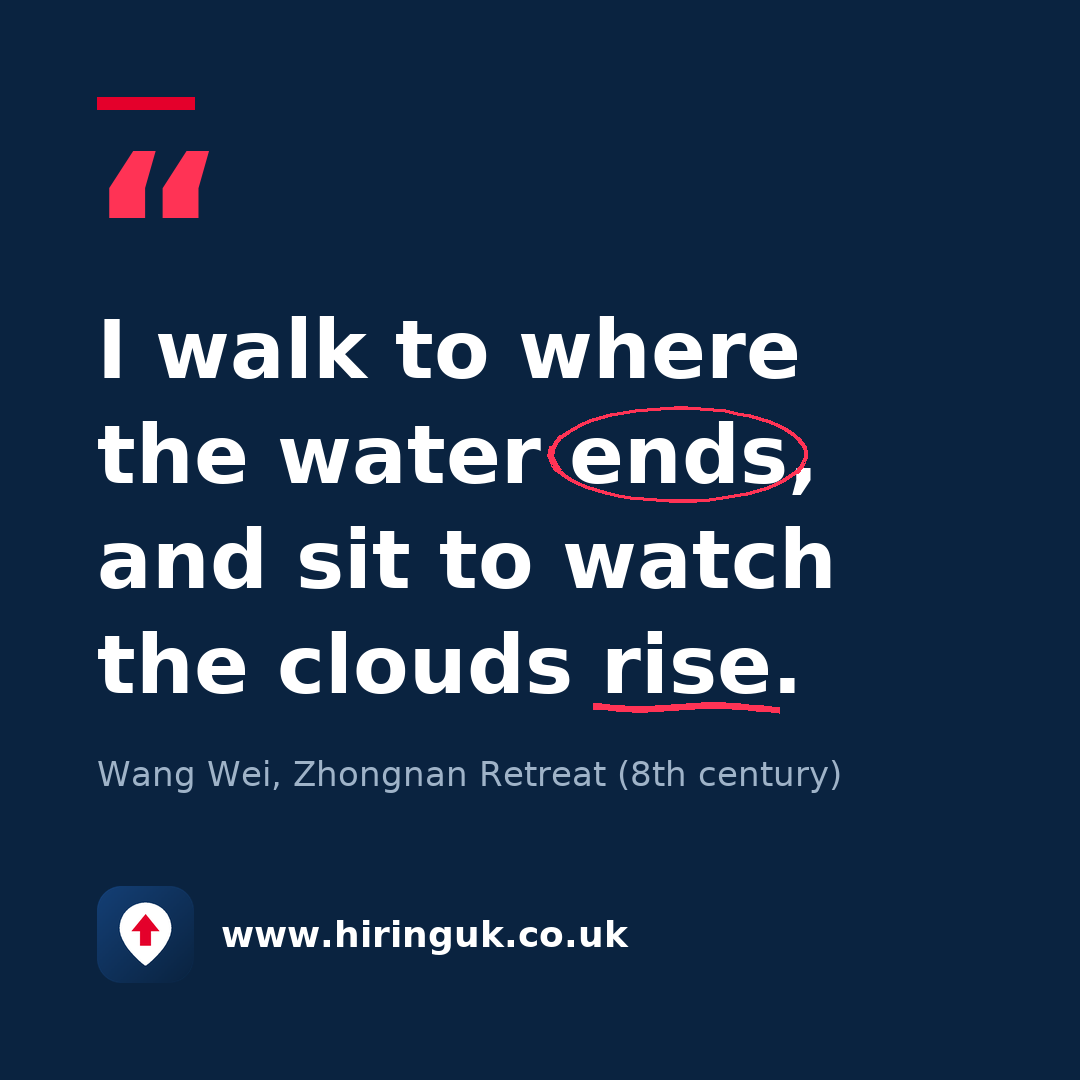 Quote card: I walk to where the water ends, and sit to watch the clouds rise.