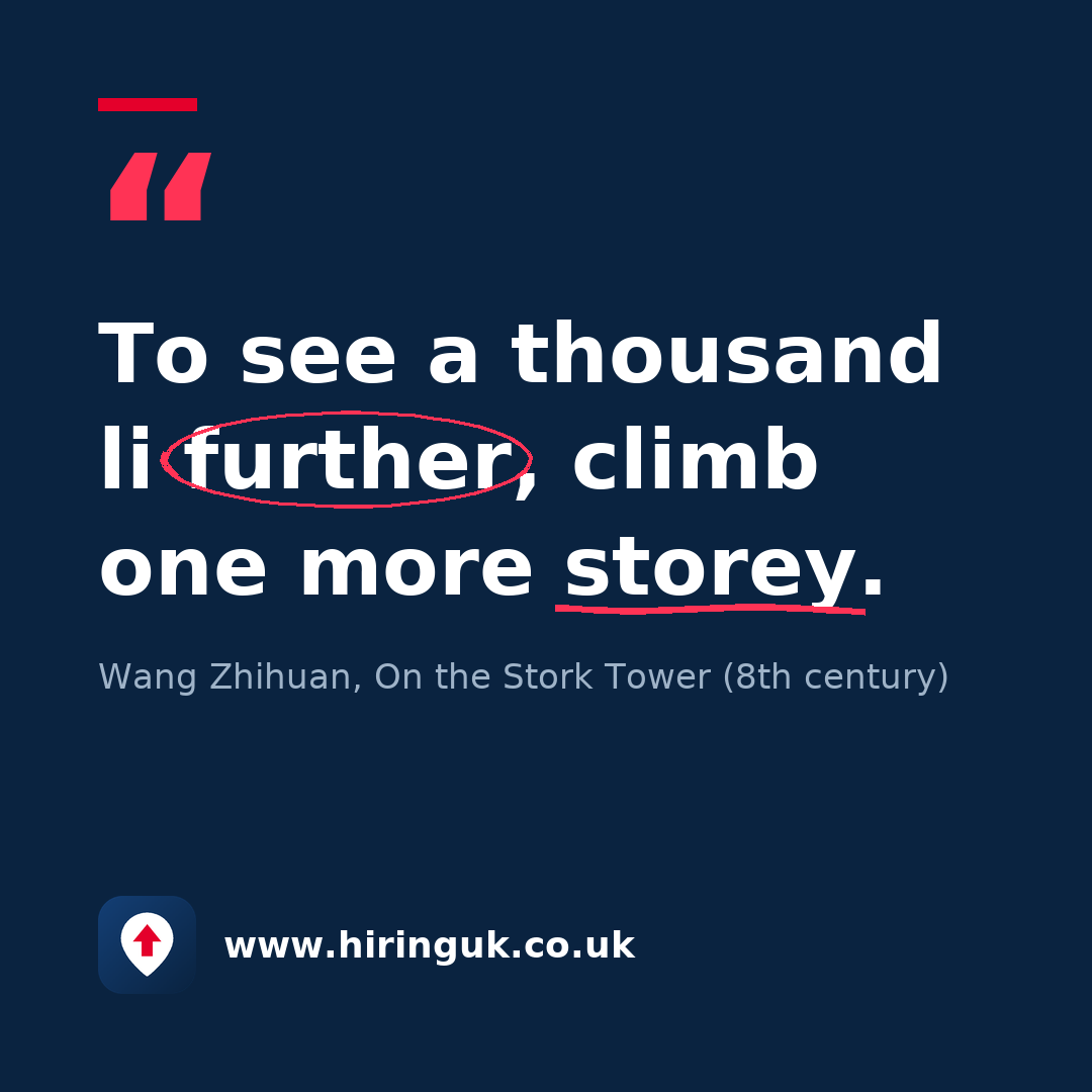 Quote card: To see a thousand li further, climb one more storey.