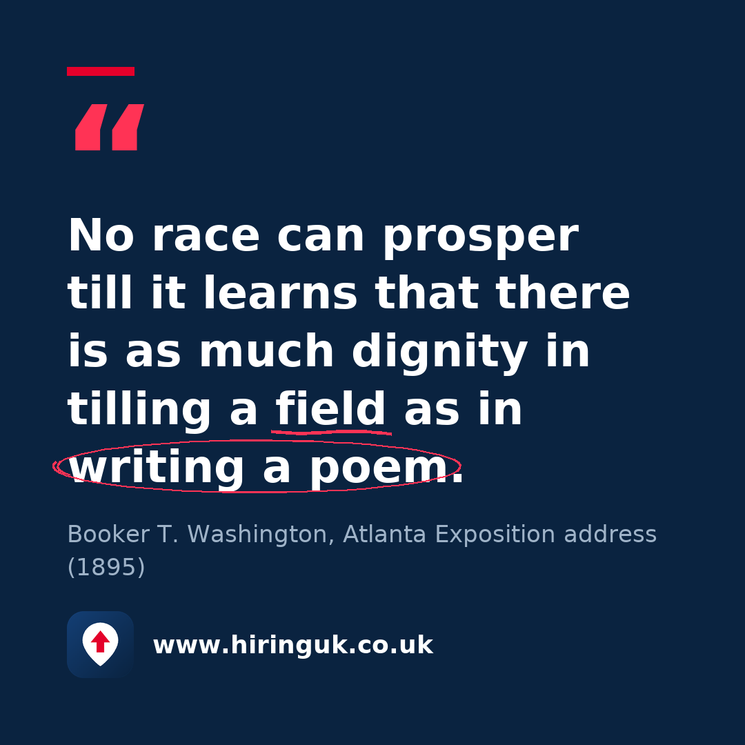 Quote card: No race can prosper till it learns that there is as much dignity in tilling a field as in writing a poem.