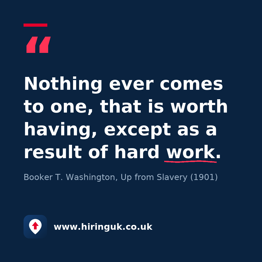 Quote card: Nothing ever comes to one, that is worth having, except as a result of hard work.