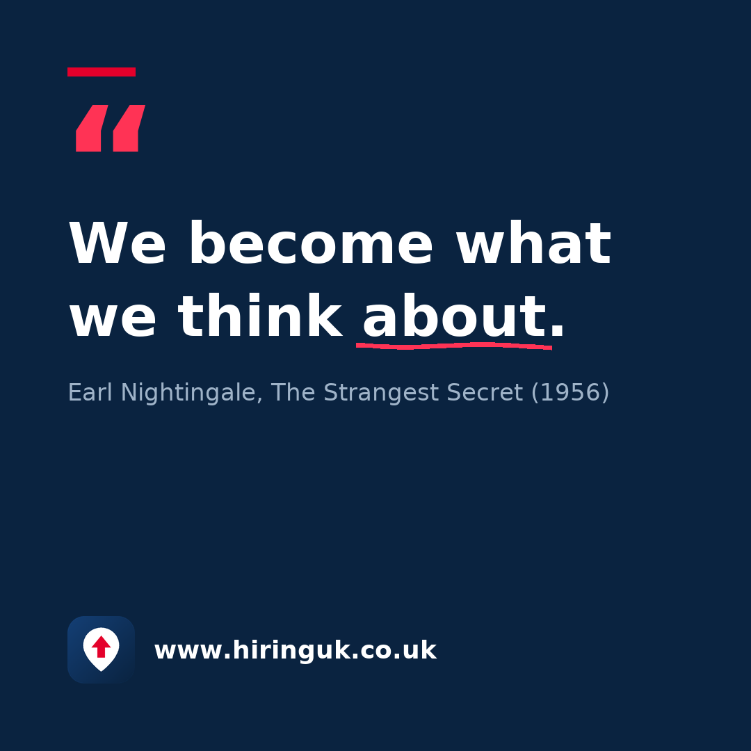 Quote card: We become what we think about.