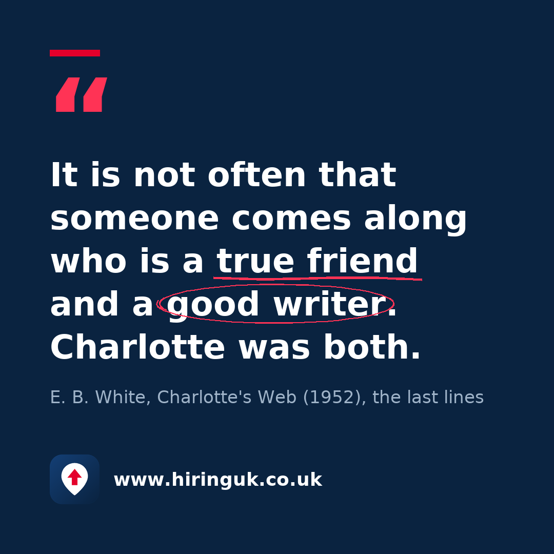 Quote card: It is not often that someone comes along who is a true friend and a good writer. Charlotte was both.