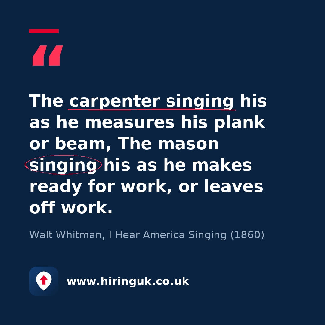 Quote card: The carpenter singing his as he measures his plank or beam, The mason singing his as he makes ready for work, or leaves off work.