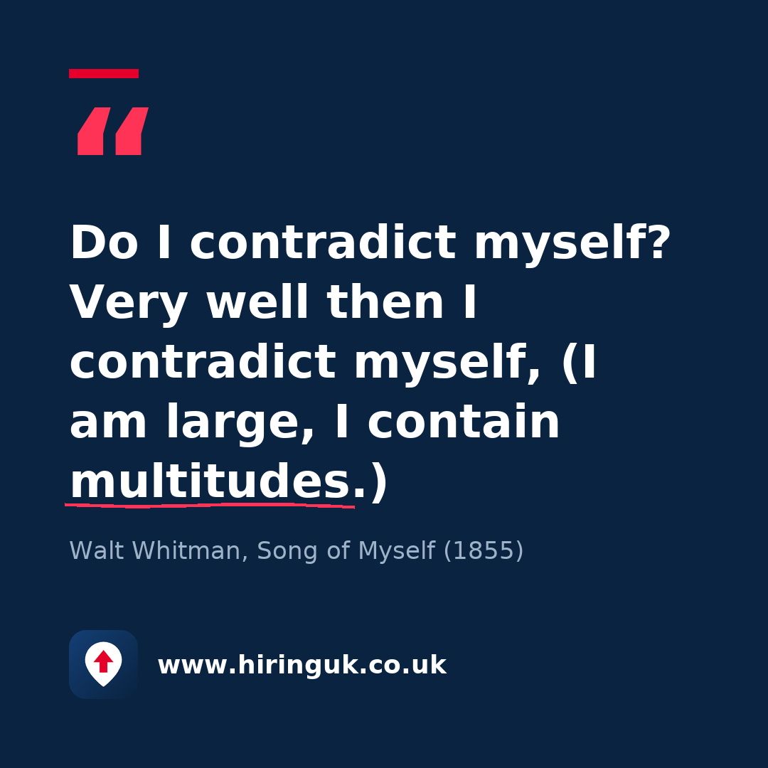 Quote card: Do I contradict myself? Very well then I contradict myself, (I am large, I contain multitudes.)