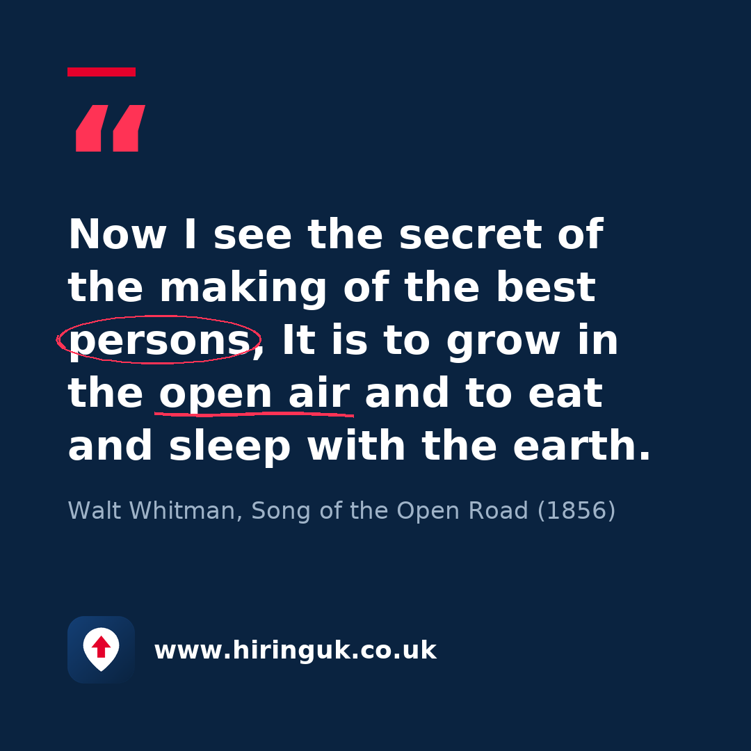 Quote card: Now I see the secret of the making of the best persons, It is to grow in the open air and to eat and sleep with the earth.