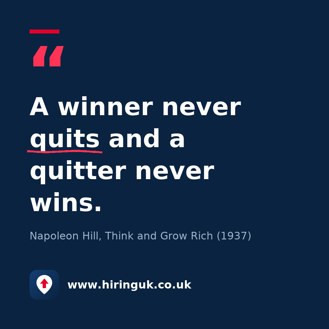 Quote card: A winner never quits and a quitter never wins.