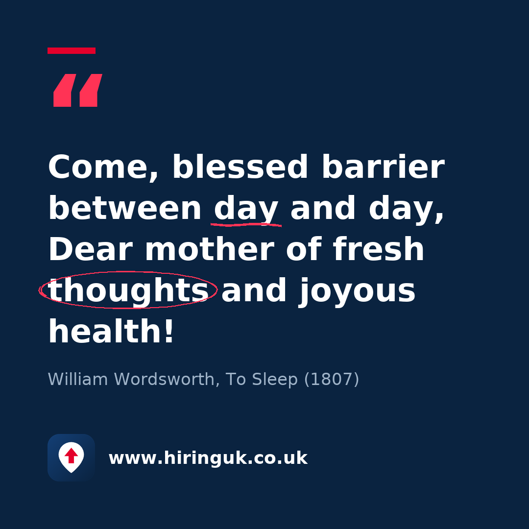 Quote card: Come, blessed barrier between day and day, Dear mother of fresh thoughts and joyous health!