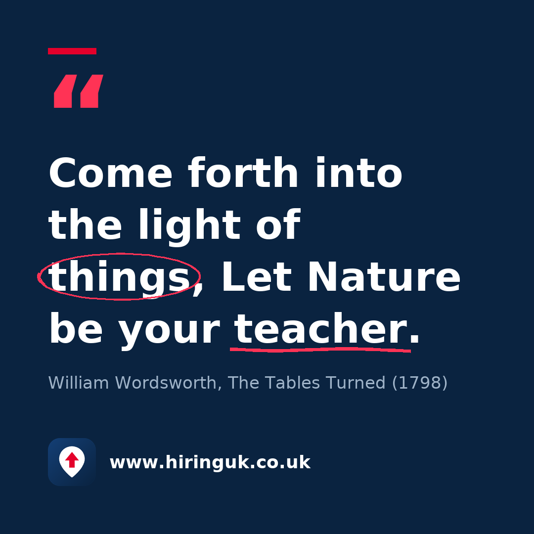 Quote card: Come forth into the light of things, Let Nature be your teacher.