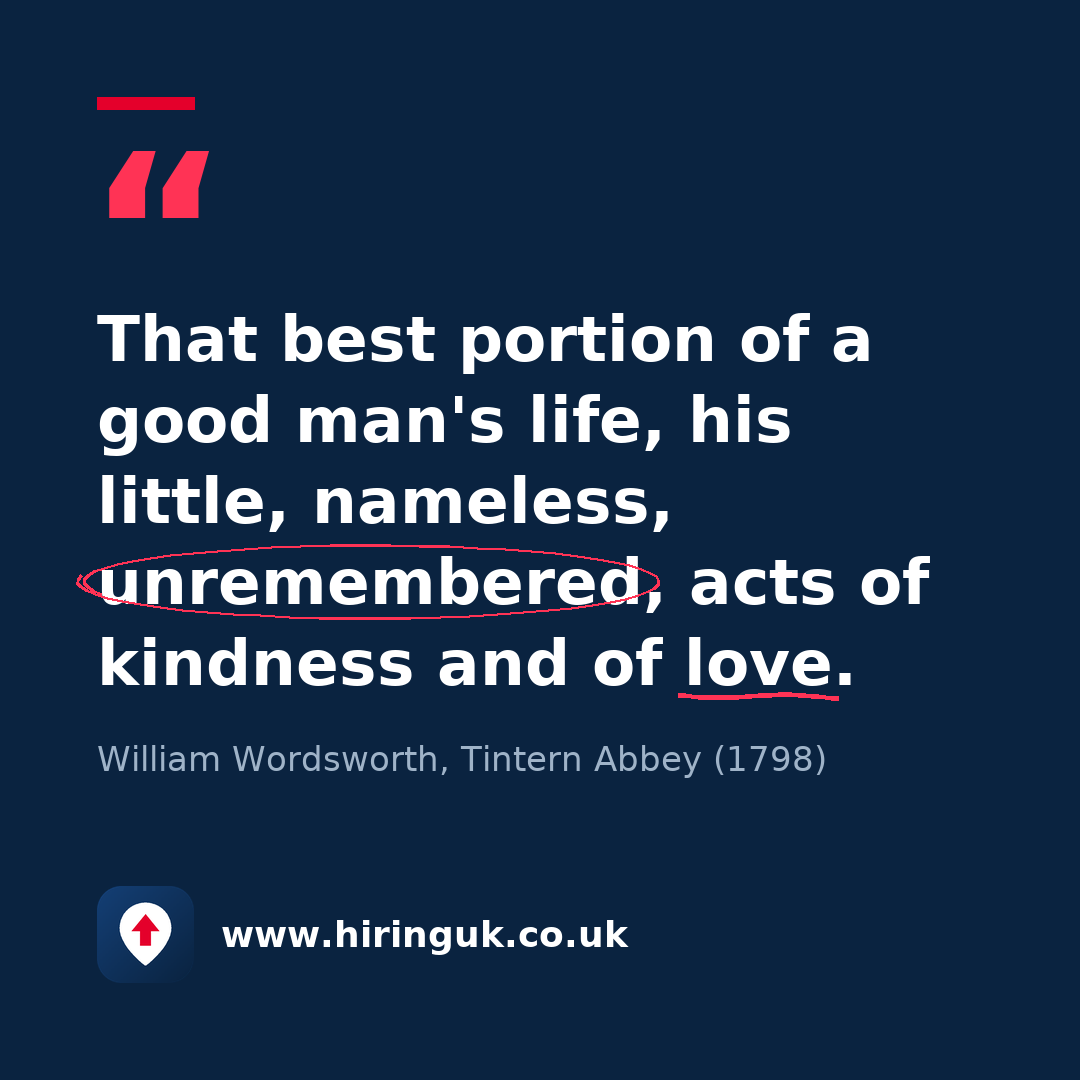 Quote card: That best portion of a good man's life, his little, nameless, unremembered, acts of kindness and of love.