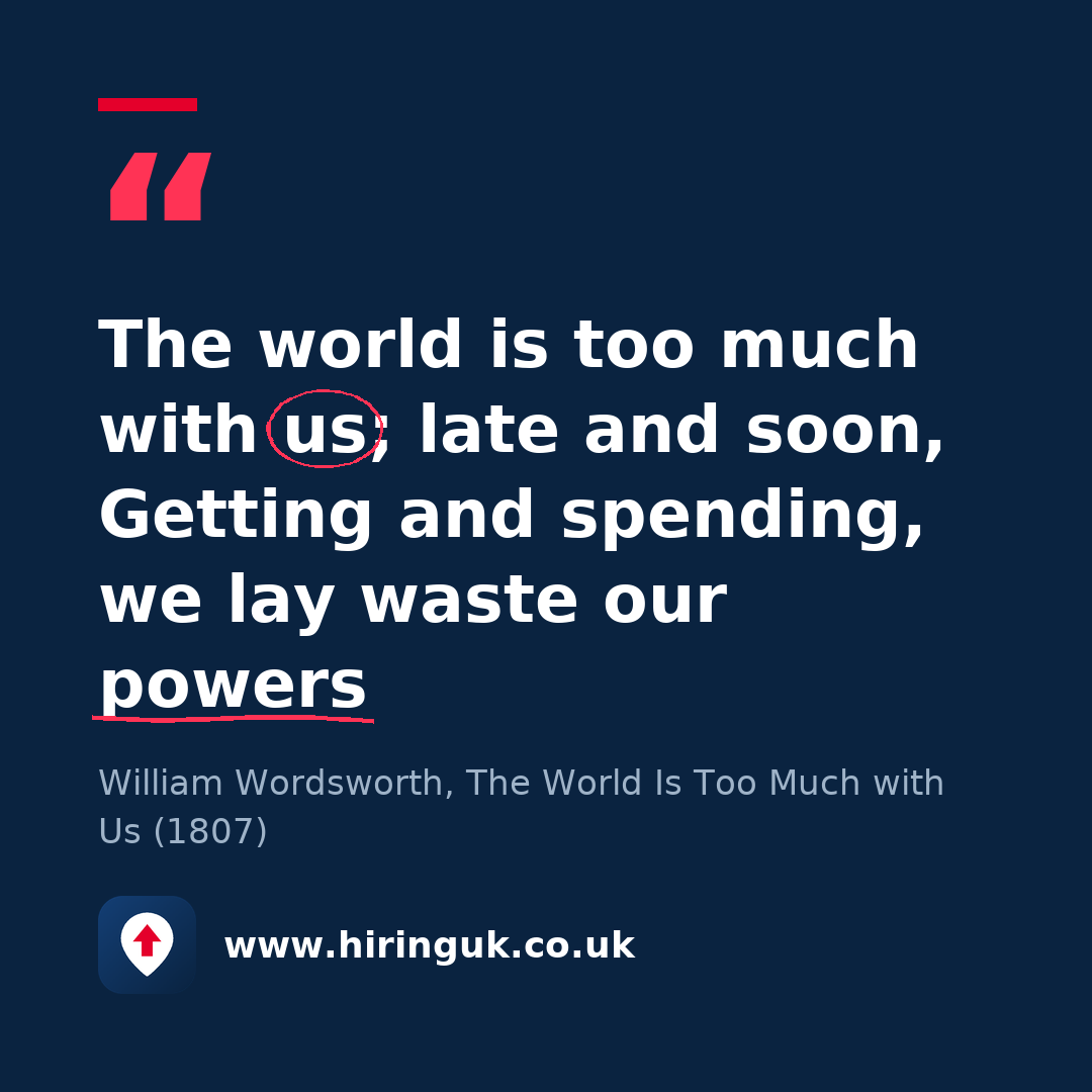 Quote card: The world is too much with us; late and soon, Getting and spending, we lay waste our powers