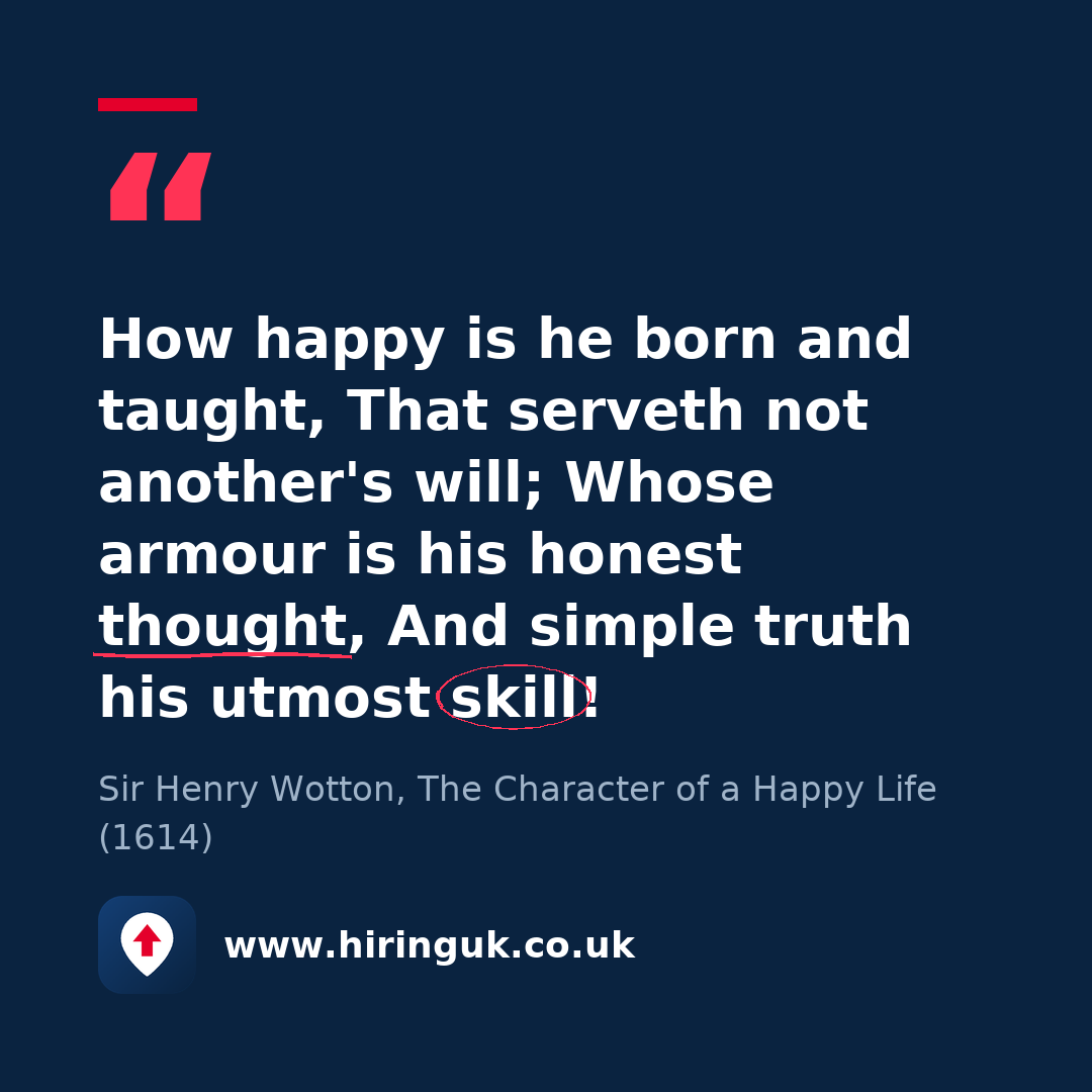 Quote card: How happy is he born and taught, That serveth not another's will; Whose armour is his honest thought, And simple truth his utmost skill!