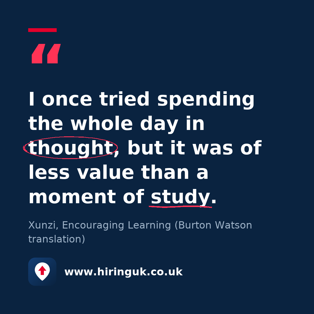 Quote card: I once tried spending the whole day in thought, but it was of less value than a moment of study.