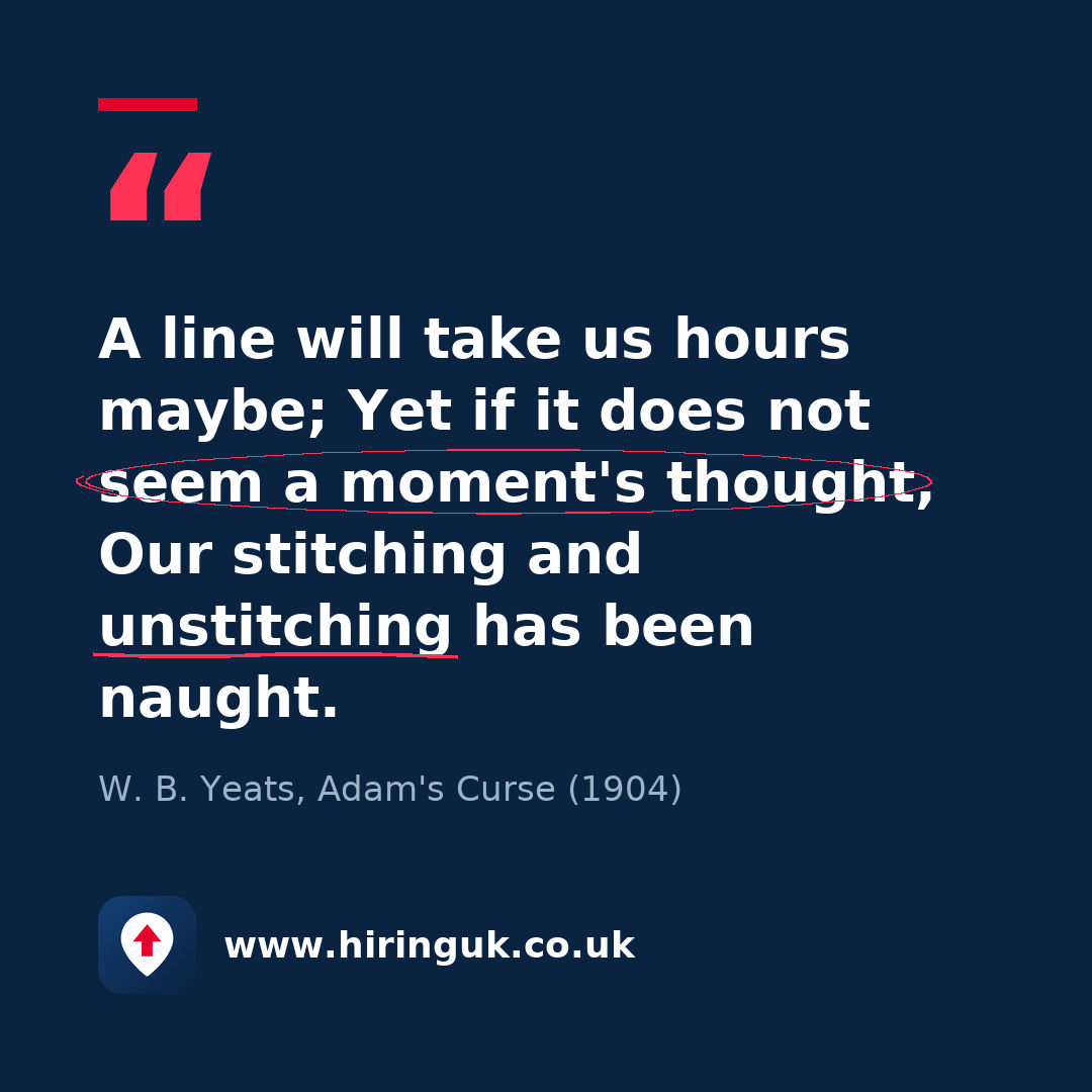 Quote card: A line will take us hours maybe; Yet if it does not seem a moment's thought, Our stitching and unstitching has been naught.