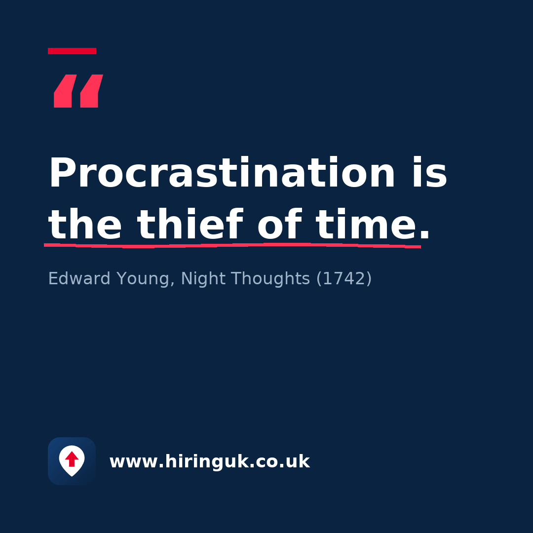 Quote card: Procrastination is the thief of time.