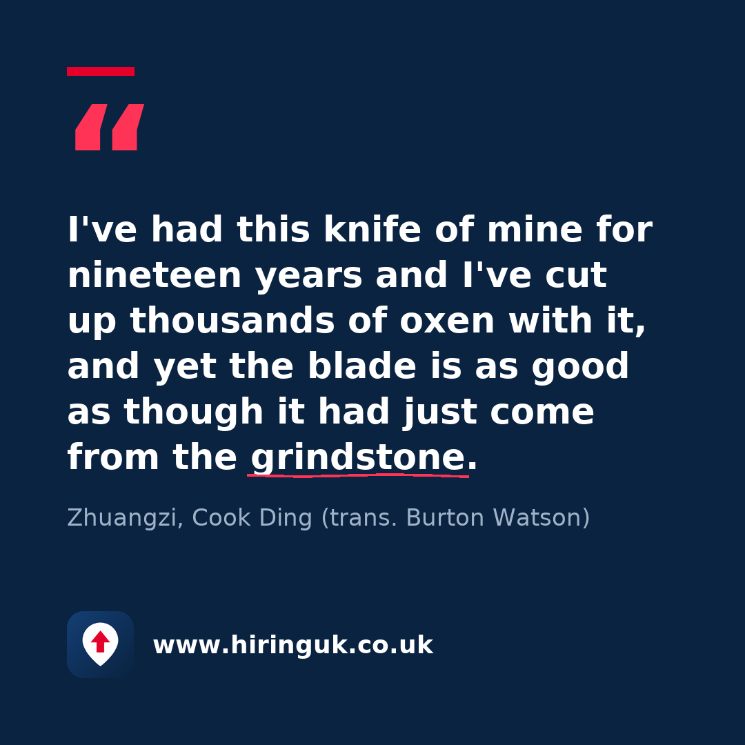 Quote card: I've had this knife of mine for nineteen years and I've cut up thousands of oxen with it, and yet the blade is as good as though it had just come from the grindstone.