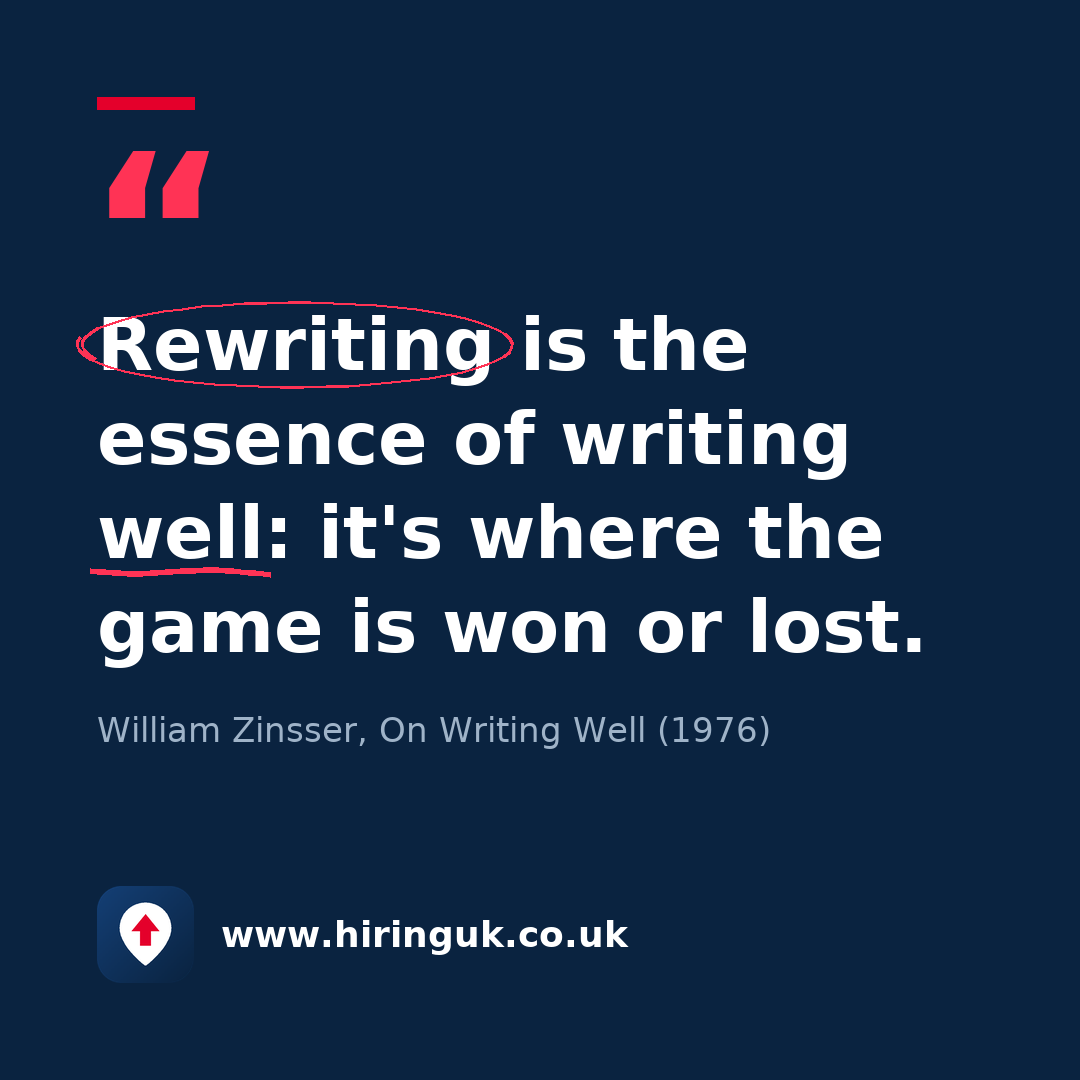 Quote card: Rewriting is the essence of writing well: it's where the game is won or lost.