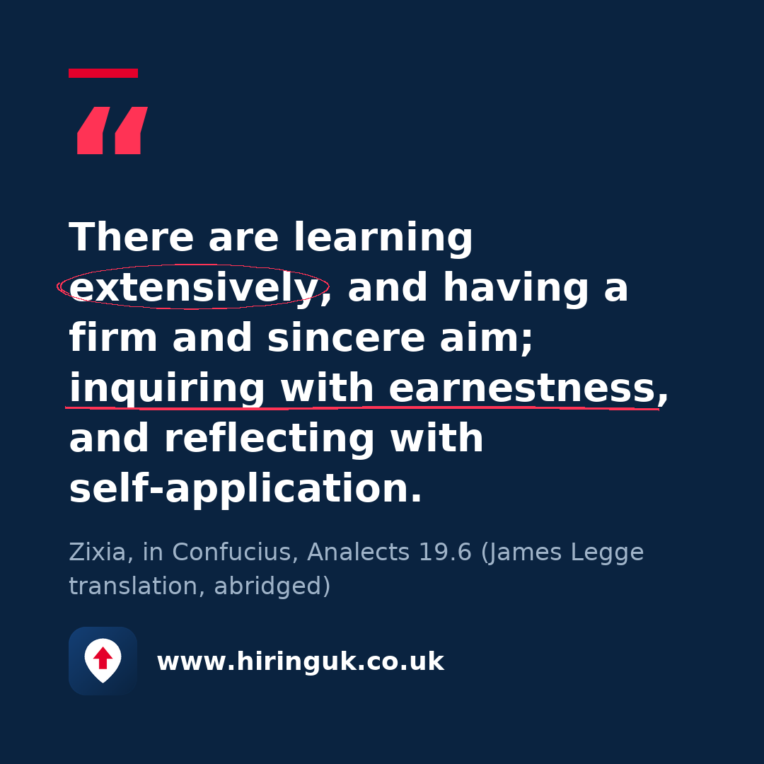 Quote card: There are learning extensively, and having a firm and sincere aim; inquiring with earnestness, and reflecting with self-application.