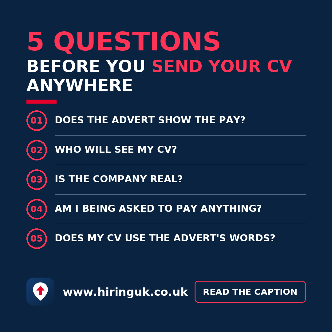 5 questions before you send your CV anywhere: Does the advert show the pay? Who will see my CV? Is the company real? Am I being asked to pay anything? Does my CV use the advert's words? 