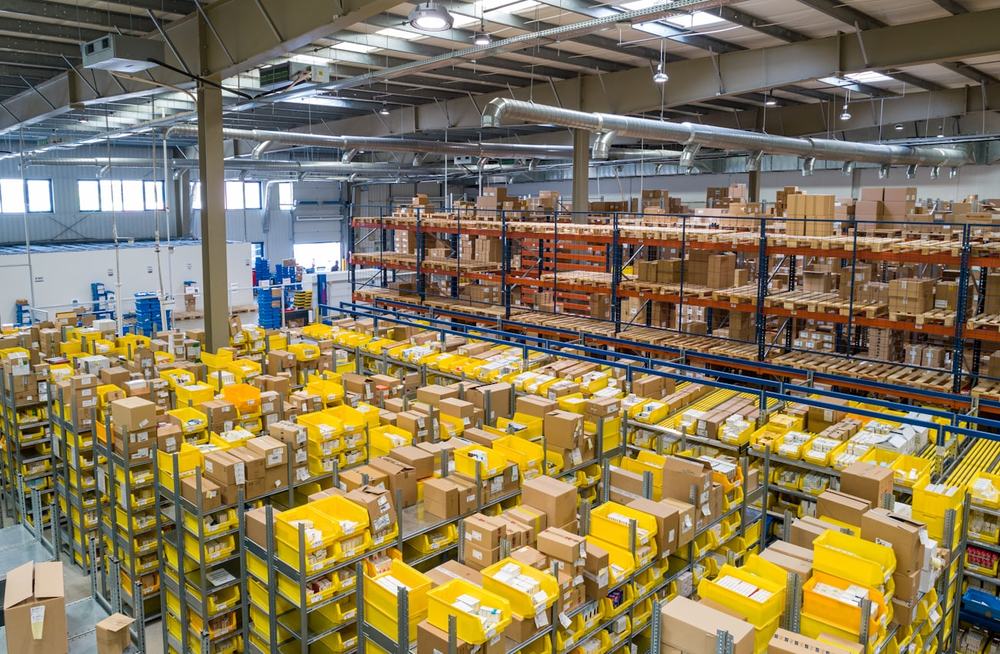 Racking and picking bins inside a distribution warehouse