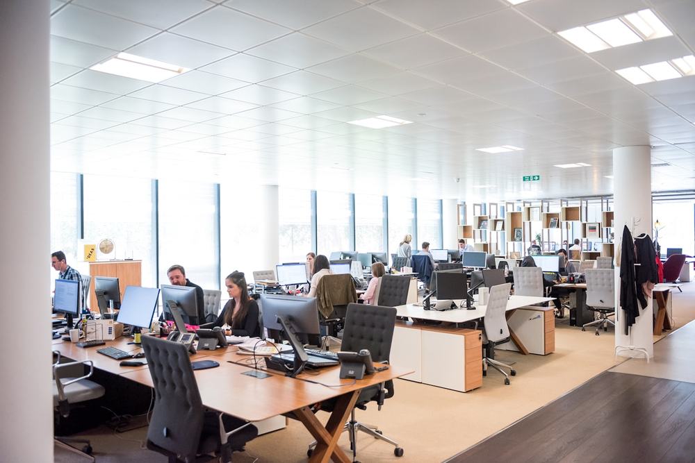 Recruitment team working at desks in a bright office